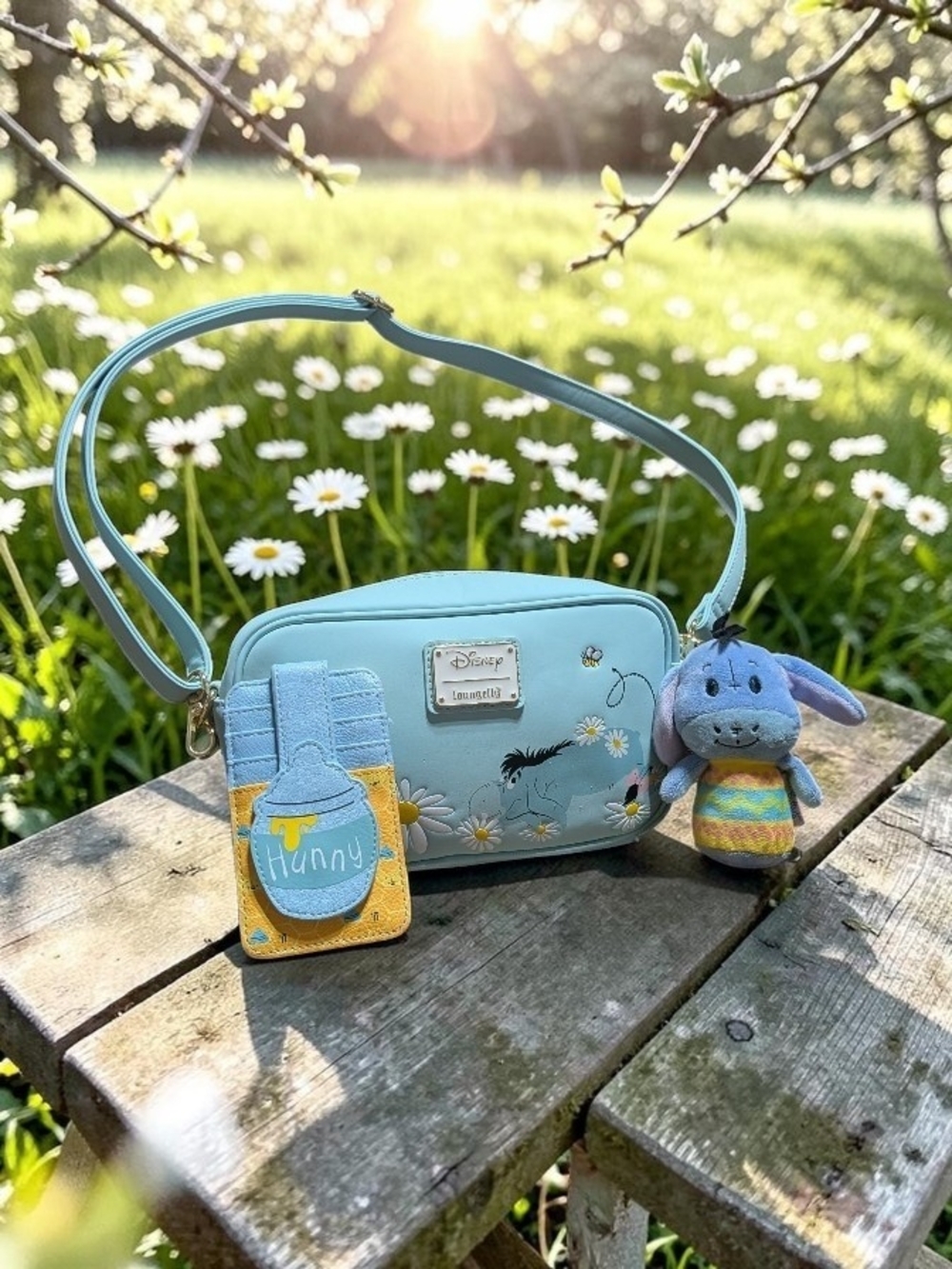 Disney Light Blue Eeyore Crossbody Bag with Hunny Cardholder and Plush Charm